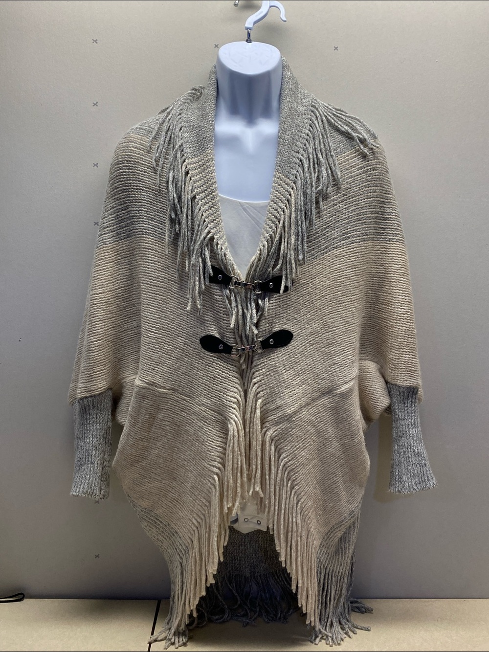 Fringed Open-Front Shawl Cardigan in Beige and Gray